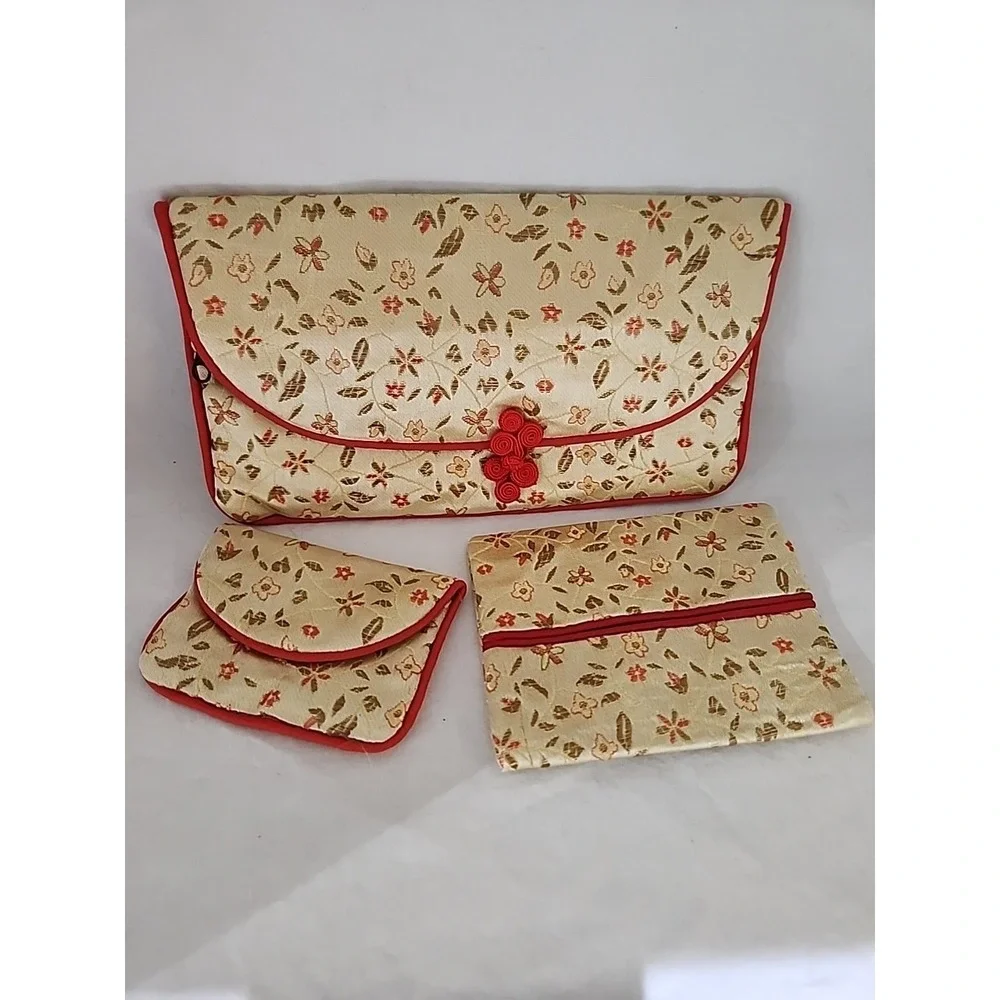 Floral Brocade 3pc Set Clutch Tissue Holder Coin Purse Cream Red Gold Trim